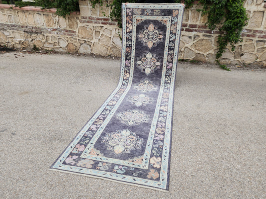 3x10 Turkish Oushak Runner Rug – Hand Knotted Wool Hallway Rug in Soft Gray Blue- sku1818