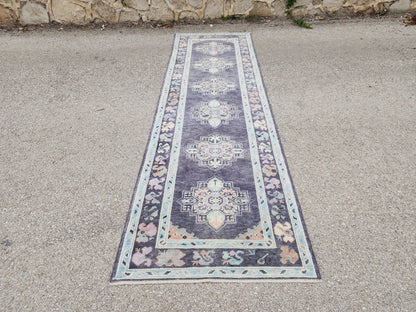 3x10 Turkish Oushak Runner Rug – Hand Knotted Wool Hallway Rug in Soft Gray Blue- sku1818