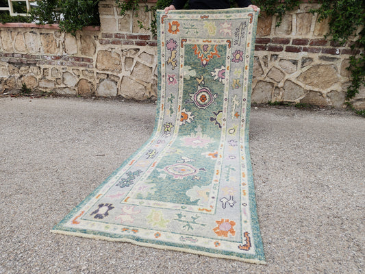 3x7 Turkish Oushak Rug – Hand Knotted Wool Runner Rug in Soft Green and Pastel Tones- sku1819