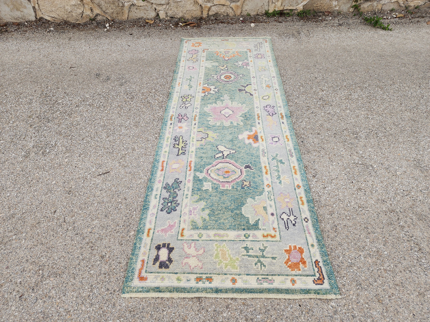 3x7 Turkish Oushak Rug – Hand Knotted Wool Runner Rug in Soft Green and Pastel Tones- sku1819
