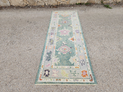 3x7 Turkish Oushak Rug – Hand Knotted Wool Runner Rug in Soft Green and Pastel Tones- sku1819