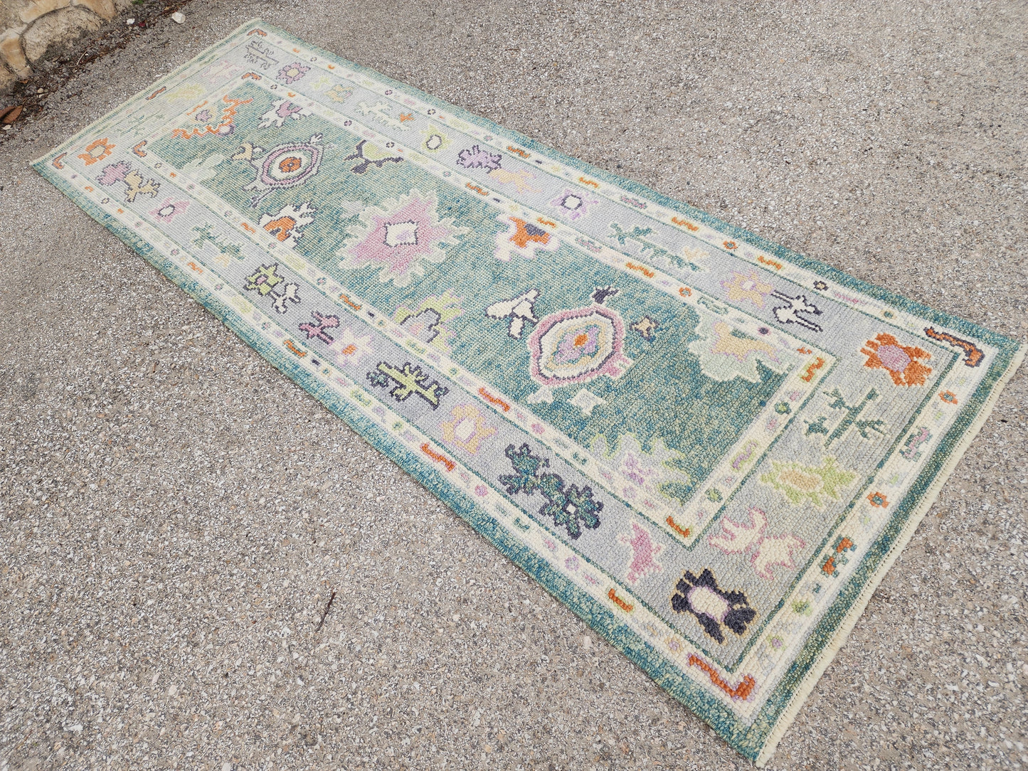 3x7 Turkish Oushak Rug – Hand Knotted Wool Runner Rug in Soft Green and Pastel Tones- sku1819