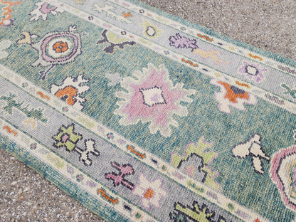 3x7 Turkish Oushak Rug – Hand Knotted Wool Runner Rug in Soft Green and Pastel Tones- sku1819