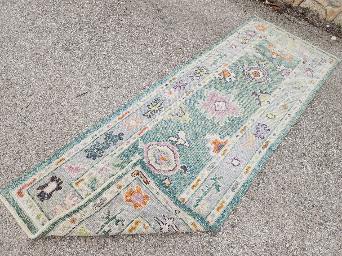 3x7 Turkish Oushak Rug – Hand Knotted Wool Runner Rug in Soft Green and Pastel Tones- sku1819
