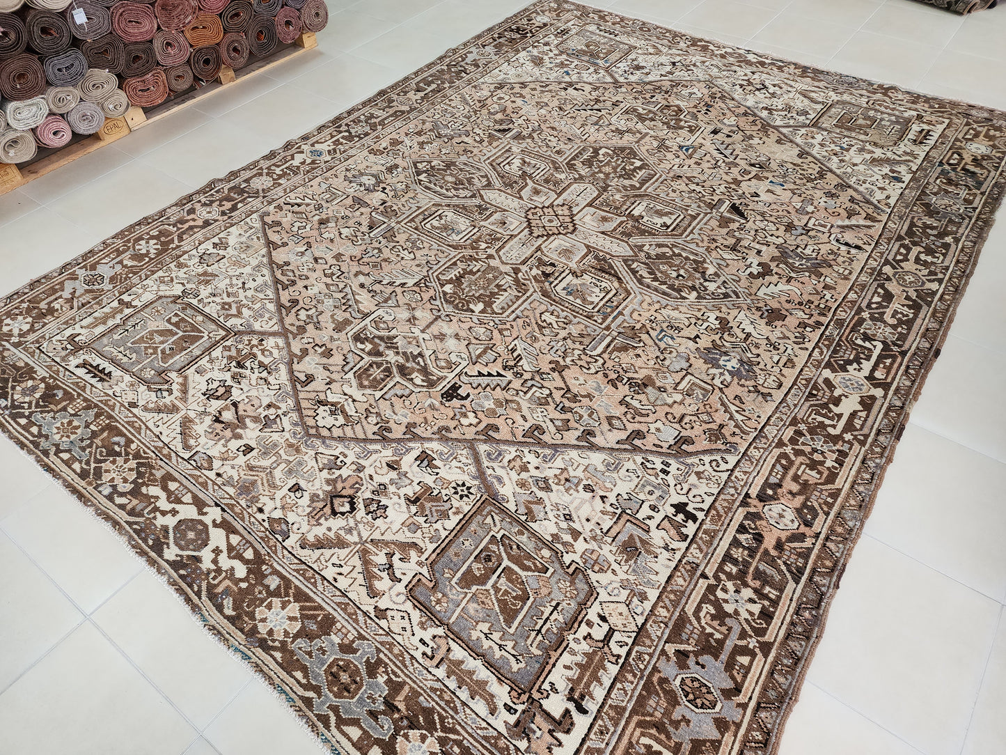 Vintage Heriz Wool Rug 9x12 ft – Hand Knotted Persian Tribal Neutral Beige Area Rug (1950s)- sku2096