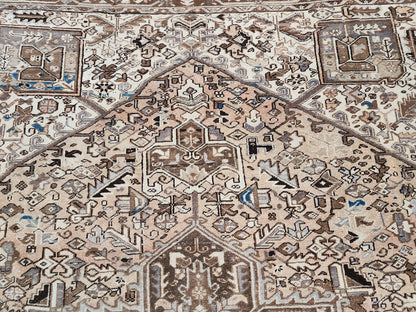 Vintage Heriz Wool Rug 9x12 ft – Hand Knotted Persian Tribal Neutral Beige Area Rug (1950s)- sku2096