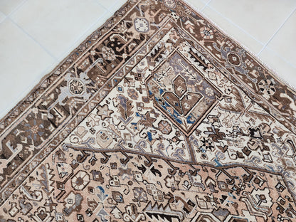 Vintage Heriz Wool Rug 9x12 ft – Hand Knotted Persian Tribal Neutral Beige Area Rug (1950s)- sku2096