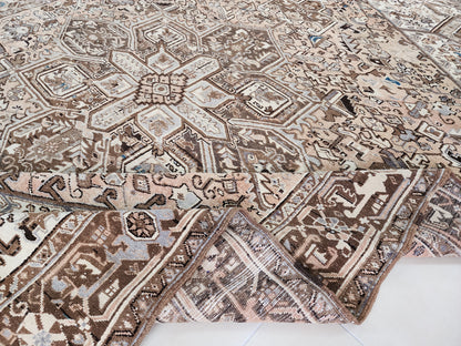 Vintage Heriz Wool Rug 9x12 ft – Hand Knotted Persian Tribal Neutral Beige Area Rug (1950s)- sku2096