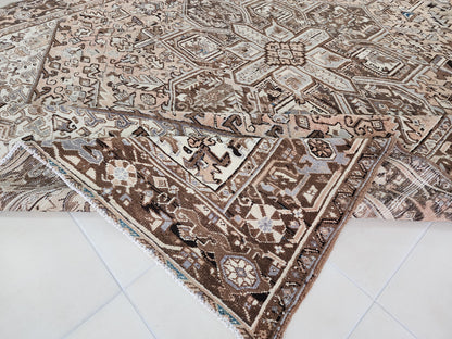 Vintage Heriz Wool Rug 9x12 ft – Hand Knotted Persian Tribal Neutral Beige Area Rug (1950s)- sku2096