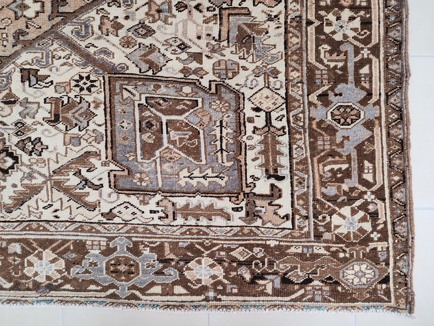 Vintage Heriz Wool Rug 9x12 ft – Hand Knotted Persian Tribal Neutral Beige Area Rug (1950s)- sku2096