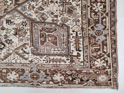 Vintage Heriz Wool Rug 9x12 ft – Hand Knotted Persian Tribal Neutral Beige Area Rug (1950s)- sku2096