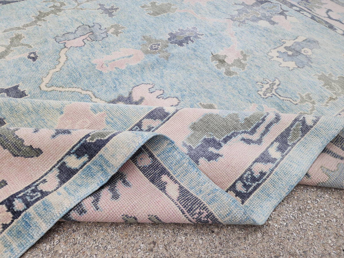 Handwoven Oushak Rug 8x10: Up Cycled Wool Carpet, Pastel Blue & Pink