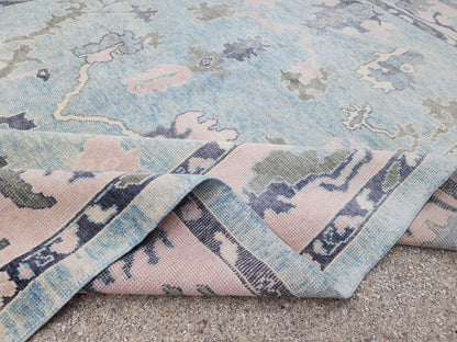 Handwoven Oushak Rug 8x10: Up Cycled Wool Carpet, Pastel Blue & Pink