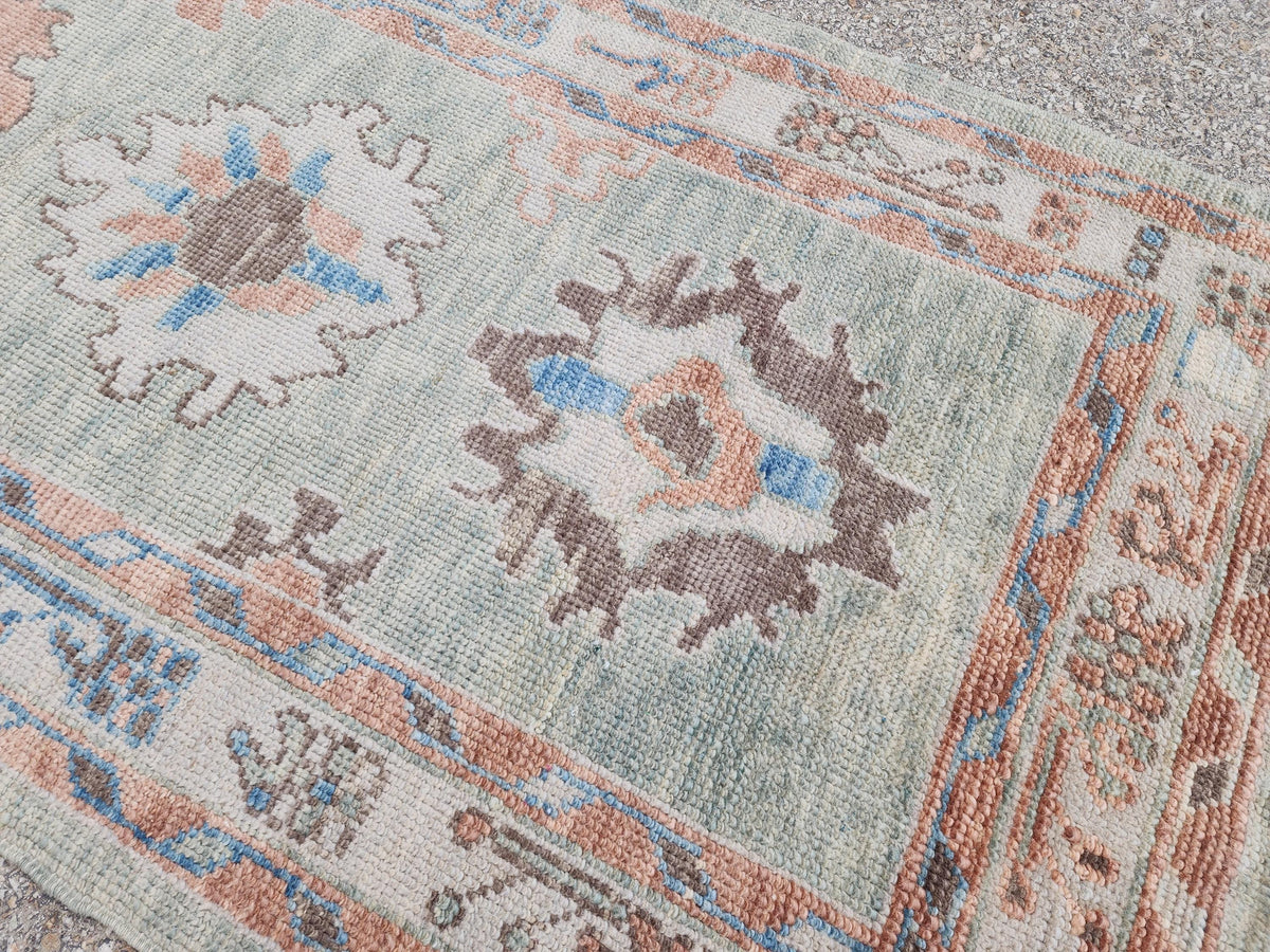 3x13 Oushak Runner Rug: Handwoven Turkish Wool, Soft Green, Eco Friendly