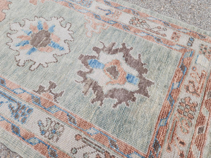 3x13 Oushak Runner Rug: Handwoven Turkish Wool, Soft Green, Eco Friendly