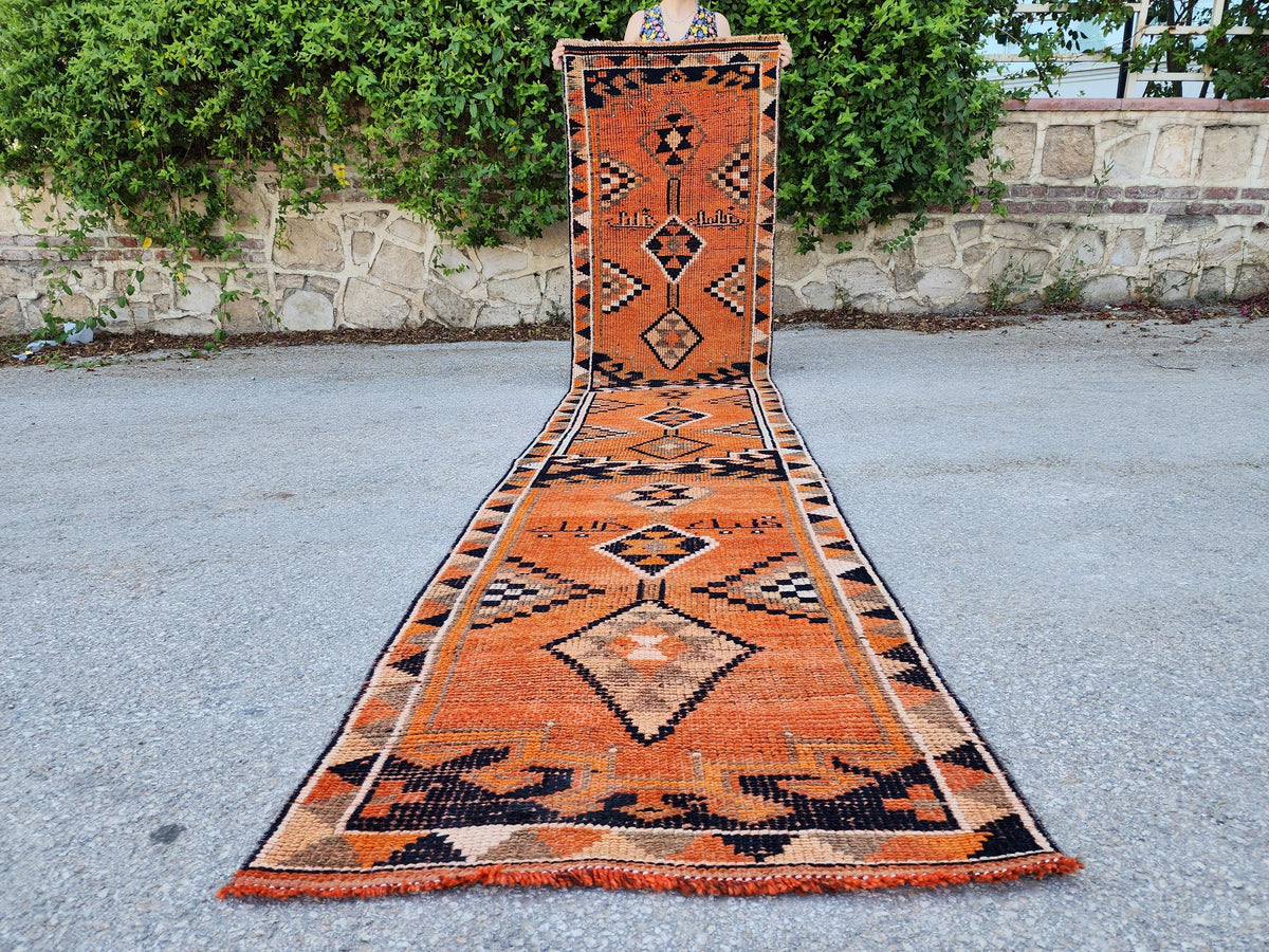 Herki Runner Rug 2x13, Hand Knotted Wool, Oriental Rustic Decor, Eco Friendly, Stair Runner