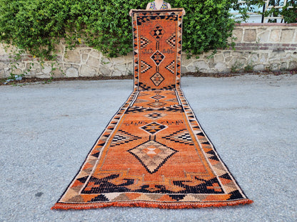 Herki Runner Rug 2x13, Hand Knotted Wool, Oriental Rustic Decor, Eco Friendly, Stair Runner