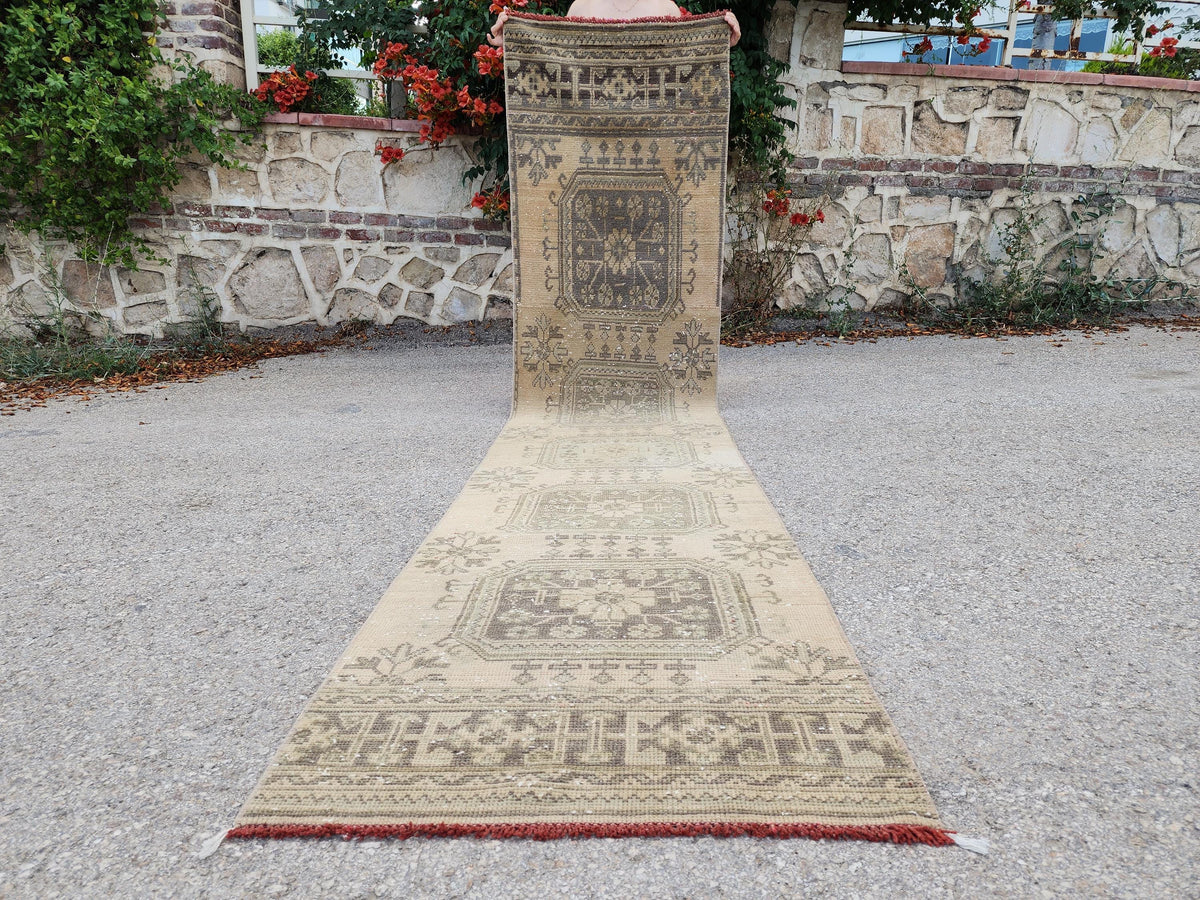 Hallway Runner Rug 2x11 Turkish Hand Made Brown Wool Carpet, Kitchen Area Decor