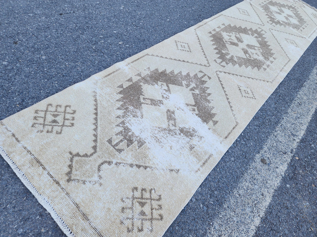Neutral Runner Rug 2.7x12.7 ft, Oriental Living Room Decor, Hallway Boho Decor, Gift For Mom