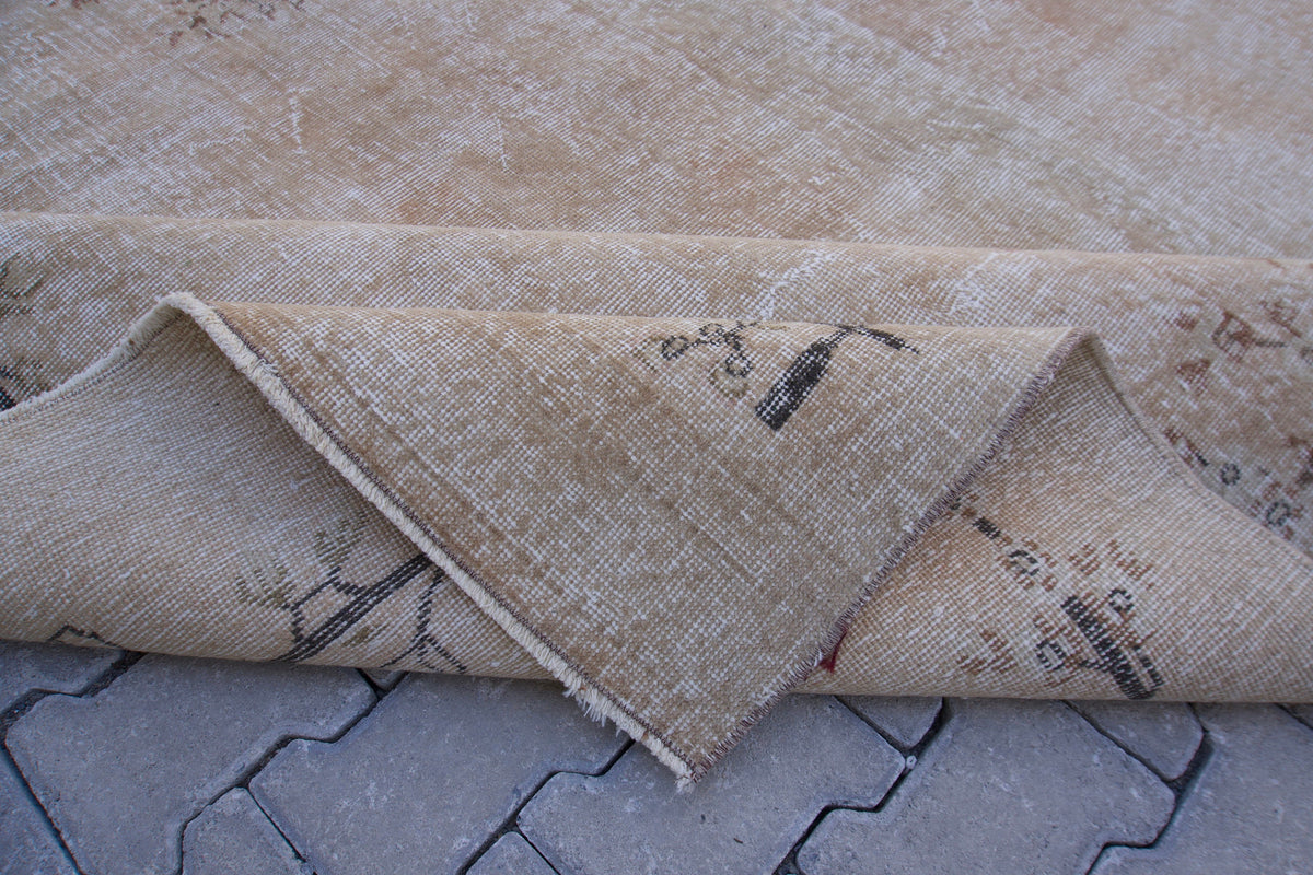 7x9 Handwoven Turkish Oushak Rug: Tan Bohemian Wool & Cotton