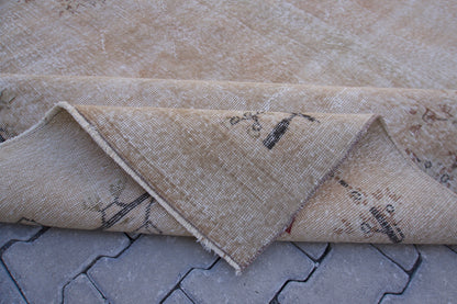 7x9 Handwoven Turkish Oushak Rug: Tan Bohemian Wool & Cotton