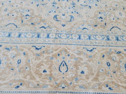 Neutral Blue Wool Area Rug 9x14: Rustic Farmhouse Bohemian Style