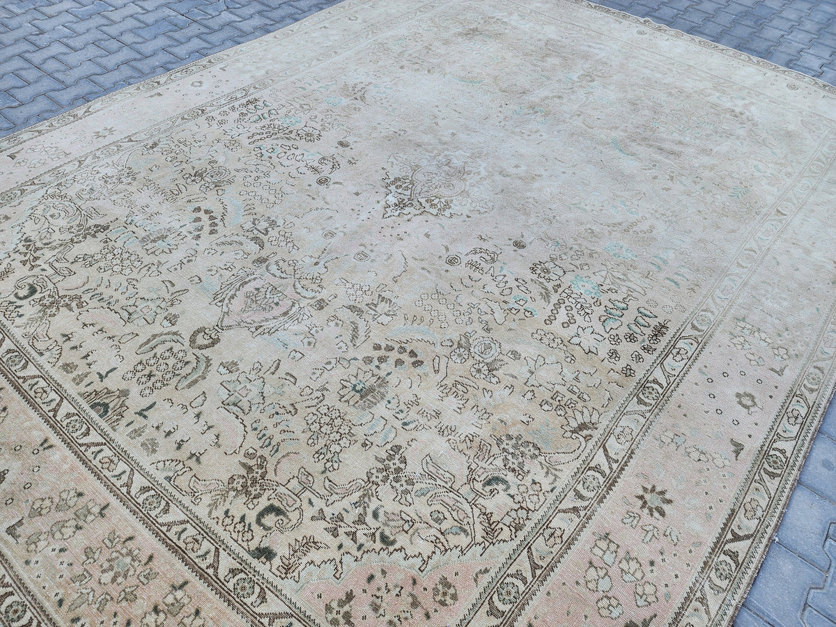 Hand Knotted Wool Area Rug 10x13: Beige Bohemian Patterned Rug