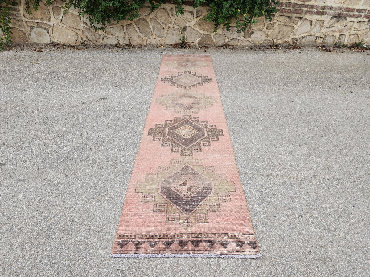 Turkish Hand Made Runner Rug 2.6x11.8 ft, Hallway Tan Runner, Terracotta Tribal Carpet