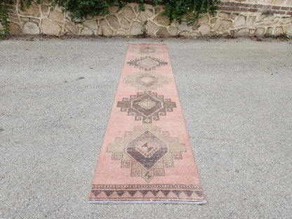 Turkish Hand Made Runner Rug 2.6x11.8 ft, Hallway Tan Runner, Terracotta Tribal Carpet