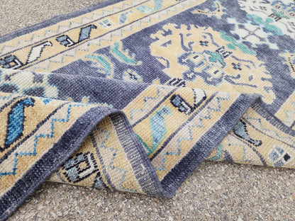 3x13 Turkish Runner, Up Cycled Wool Oushak Hand Made, Ocean Breeze Patina Blue Rug