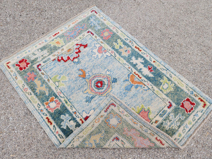 Handwoven Oushak Wool Rug 3x4, Light Blue Floral Entryway Rug