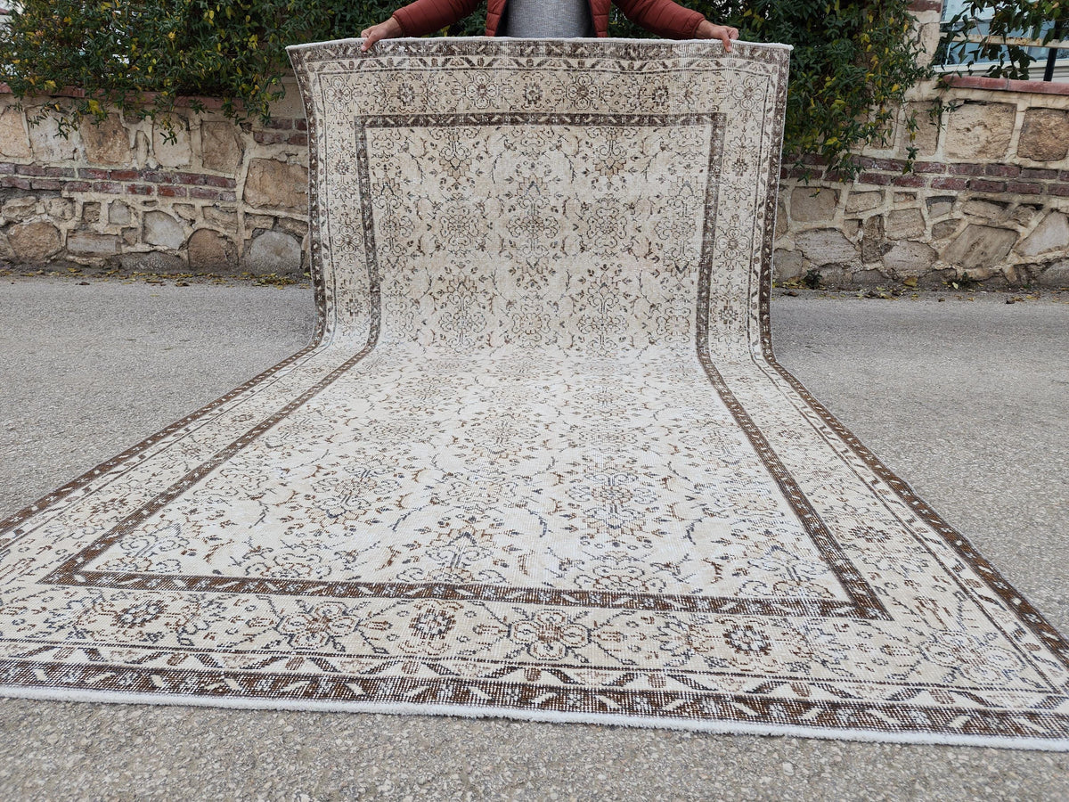 Neutral Handmade Oushak Rug 6x10: Wool Turkish Oriental Area Rug, Farmhouse Decor