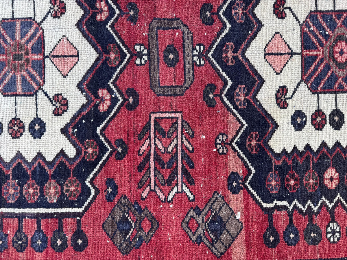3x9 Vintage Wool Runner Rug: Hand Made, Persian Geometric Design, Medallion Pattern