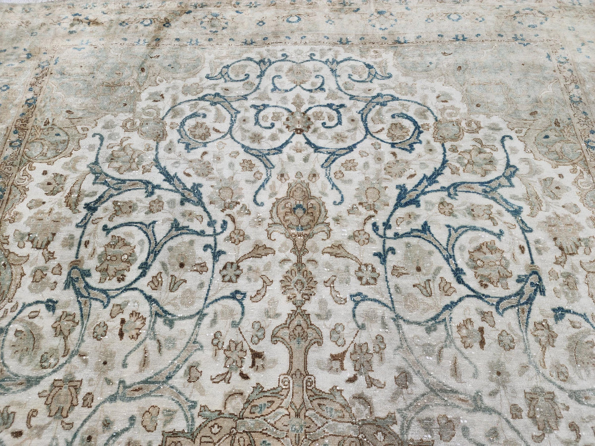 6x11 Neutral Vintage Rug: Green Floral Design Persian Border Design, Hand Knotted