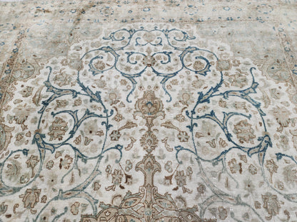 6x11 Neutral Vintage Rug: Green Floral Design Persian Border Design, Hand Knotted
