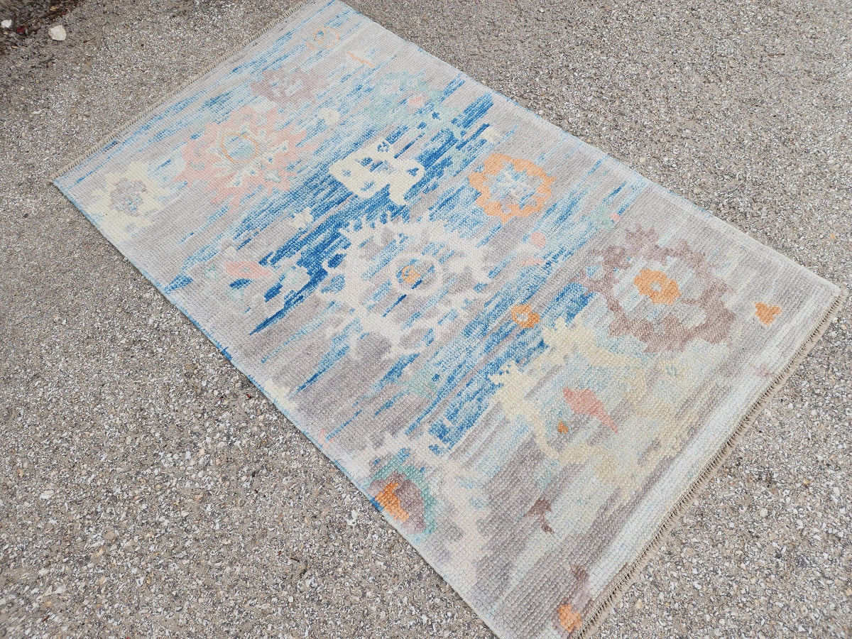2x4 Small Oushak Rug: Abstract Blue, Up cycled Carpet, Home Wool Decor