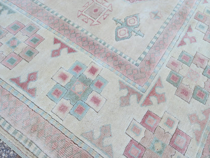 Neutral Wool Rug 6x8, Living Room Soft Design, Turkish Hand Made Vintage Carpet