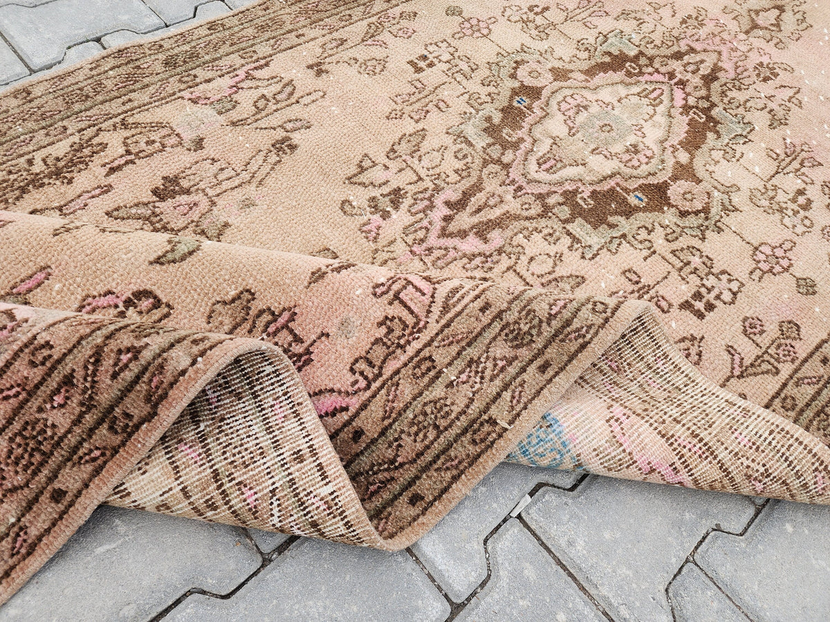 4x10 Wool Runner Rug: Vintage Hand Knotted Beige, Pink, and Brown Floral Design