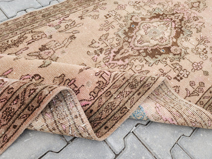 4x10 Wool Runner Rug: Vintage Hand Knotted Beige, Pink, and Brown Floral Design