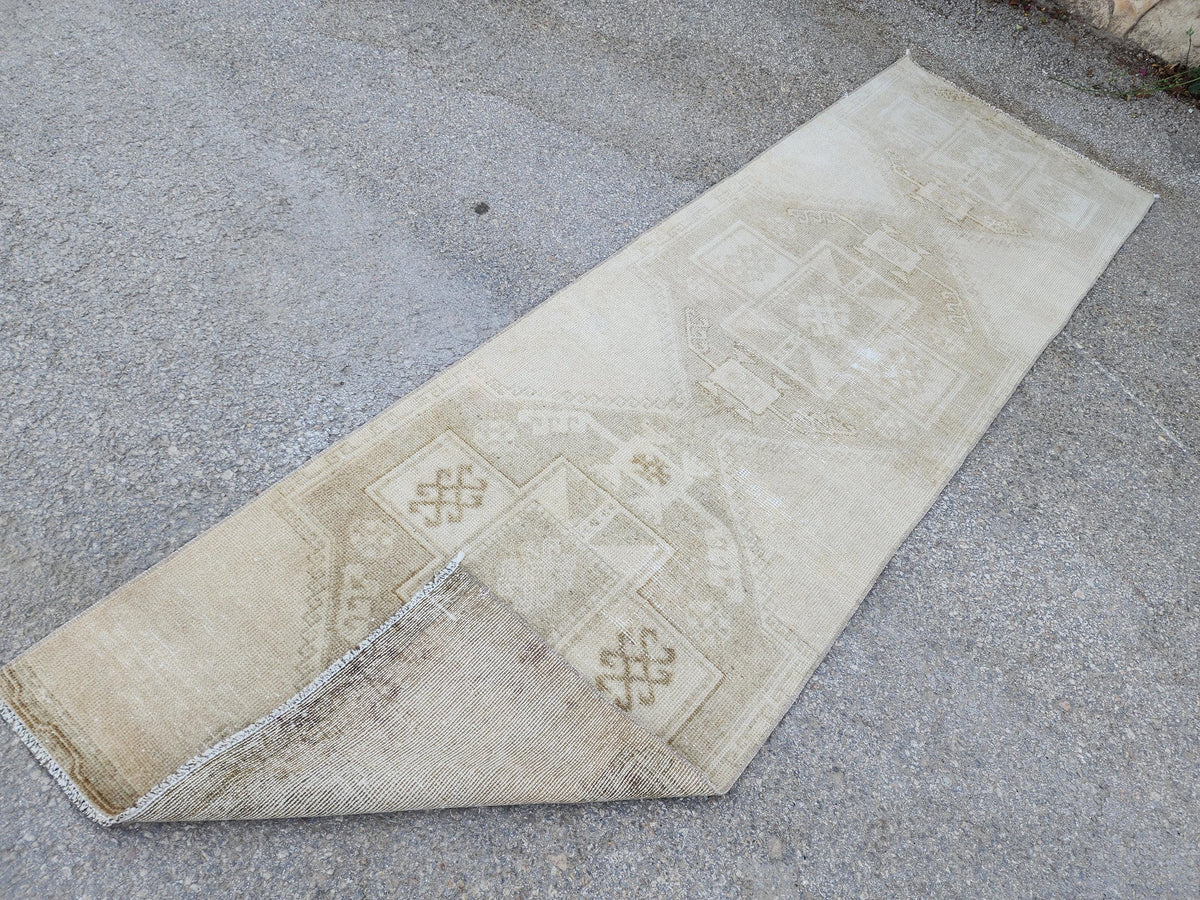Hand Made Runner Rug 2.6 x 8.8 ft , Oriental Boho Decor, Turkish Rustic Wool Carpet