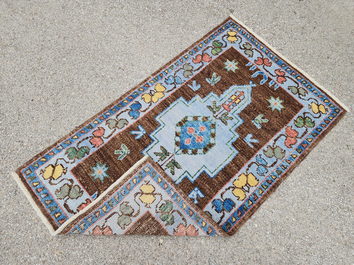 Handwoven 3x5 Oushak Rug: Turkish Wool, Brown & Blue Floral