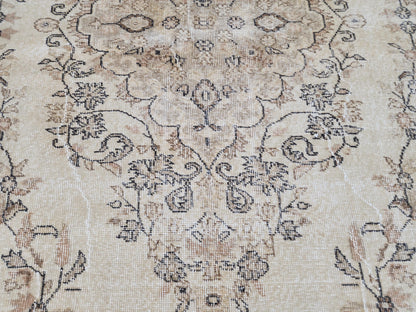 6x9 Hand Made Oushak Rug: Beige and Brown, Rustic Decor, Turkish Wool Rug
