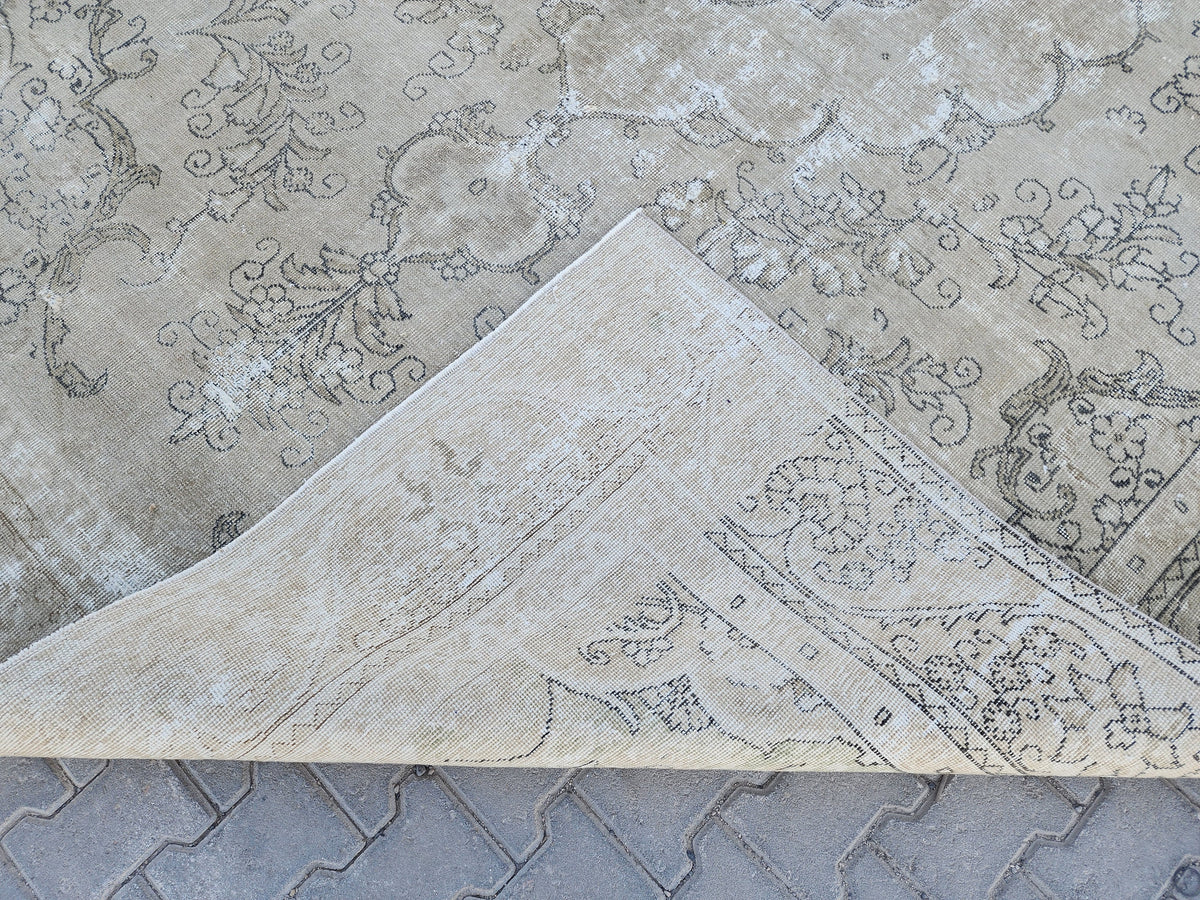 Vintage Oriental Rug 9x12: Beige And Brown Wool, Medallion Persian Border Design, Hand Knotted
