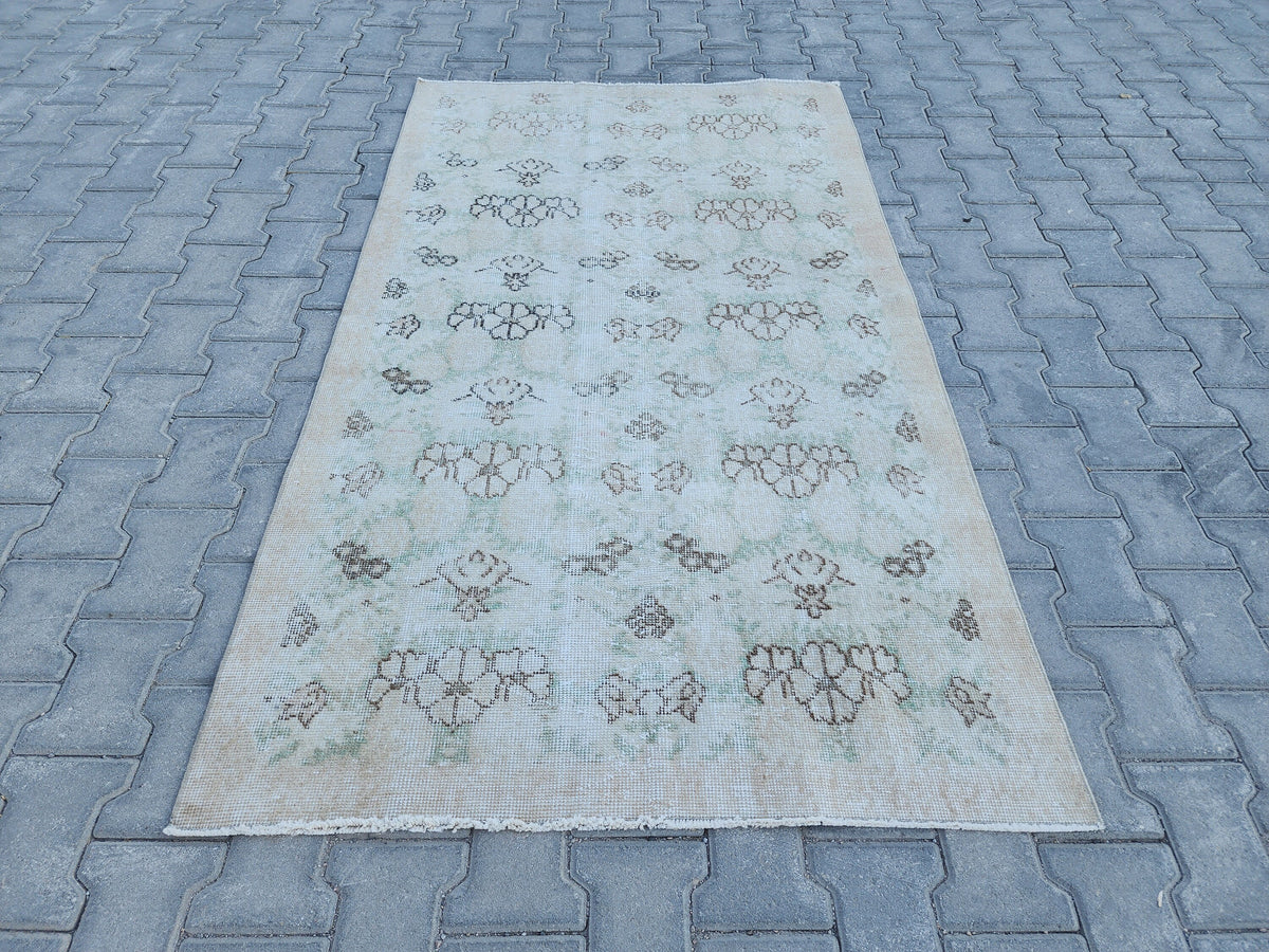 Handwoven Turkish Oushak Rug 4x6: Green Wool & Cotton Vintage Rug