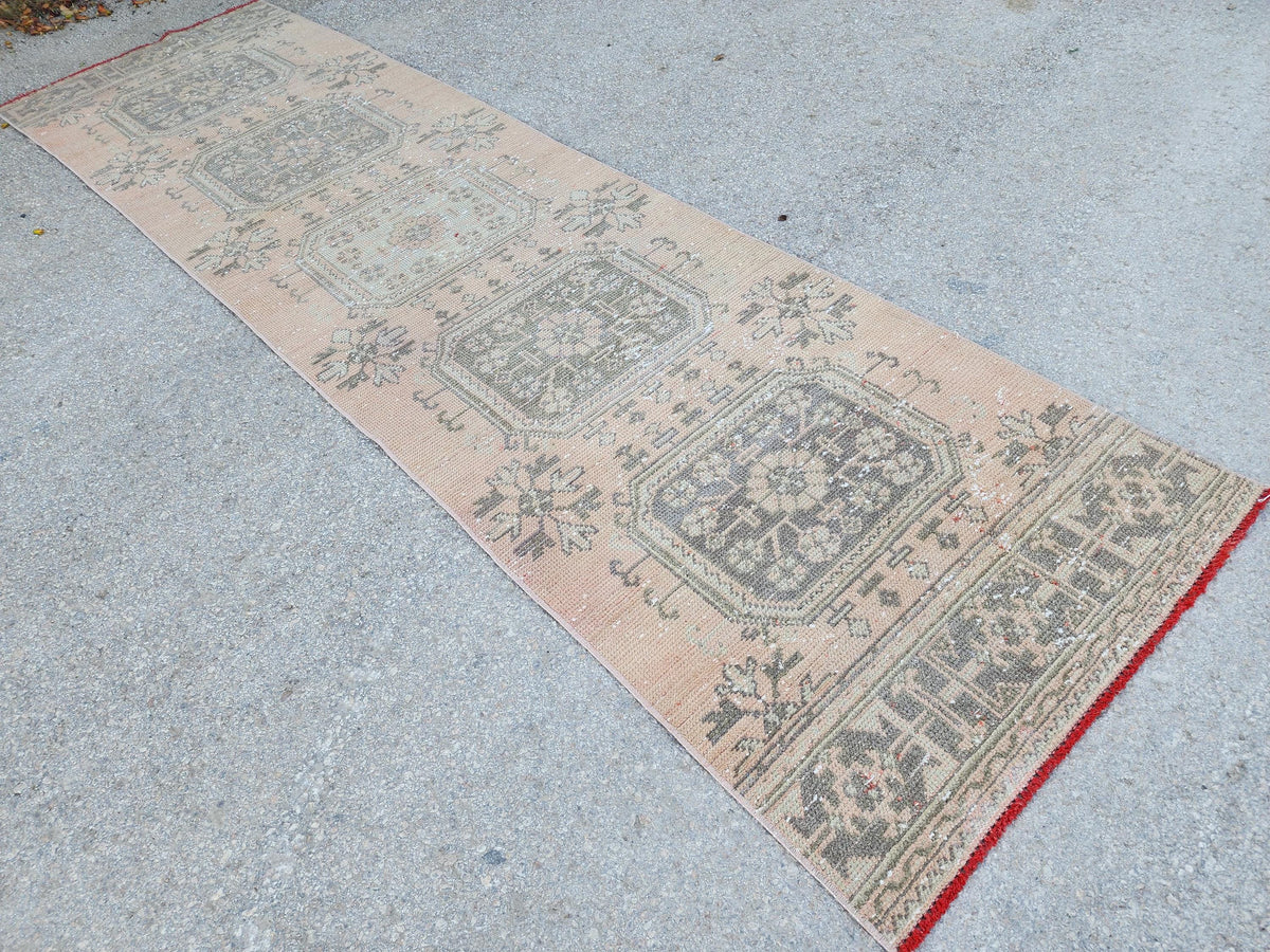 3x10 Turkish Runner Rug, Soft Red Geometric Design, Kitchen Boho Decor