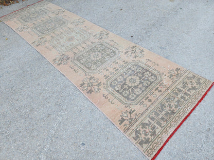 3x10 Turkish Runner Rug, Soft Red Geometric Design, Kitchen Boho Decor