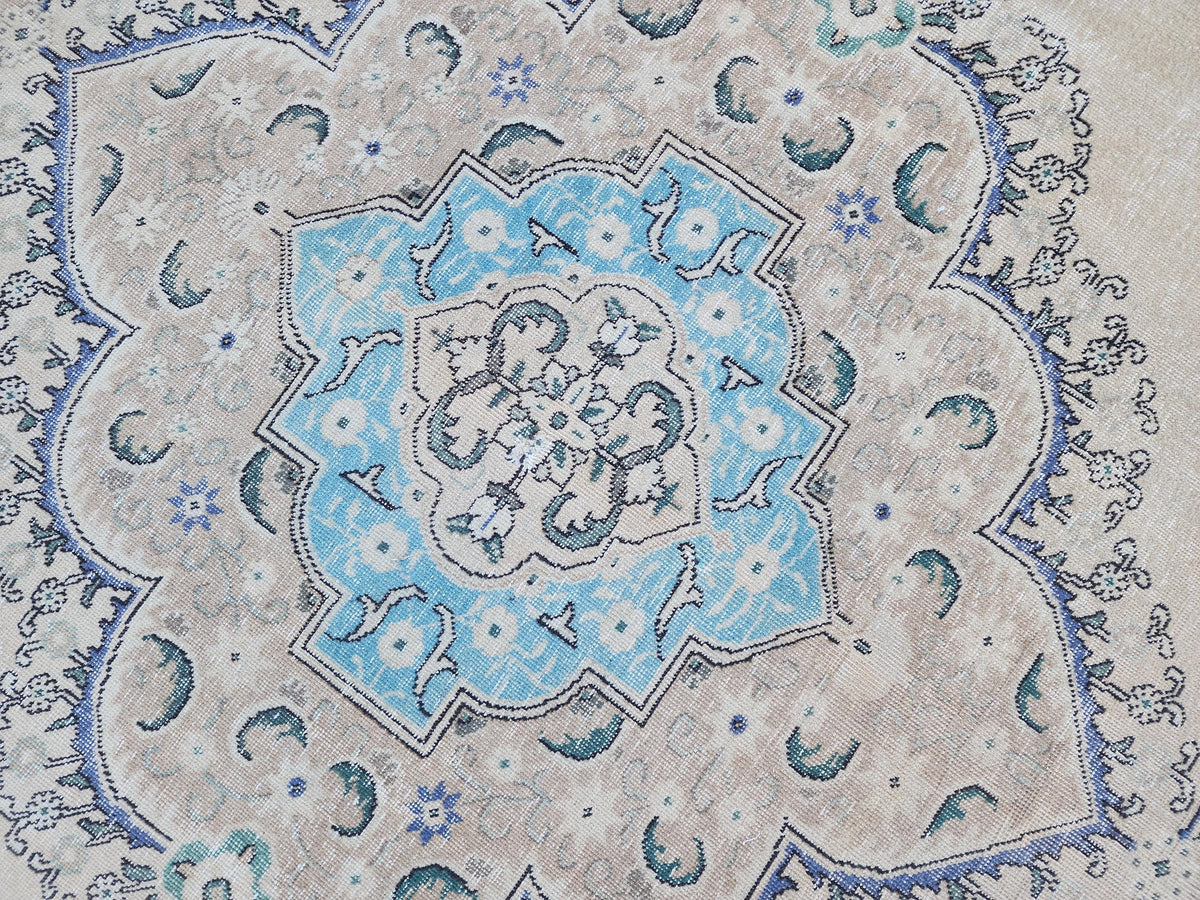 Hand Knotted Wool Area Rug 9x12: Blue Medallion and Beige Vintage Farmhouse Rug