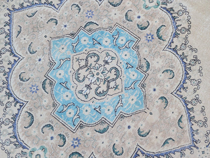 Hand Knotted Wool Area Rug 9x12: Blue Medallion and Beige Vintage Farmhouse Rug