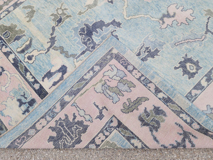 Handwoven Oushak Rug 8x10: Up Cycled Wool Carpet, Pastel Blue & Pink