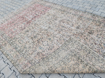 7x10 Vintage Turkish Rug: Beige and Pink Oriental Oushak Rug